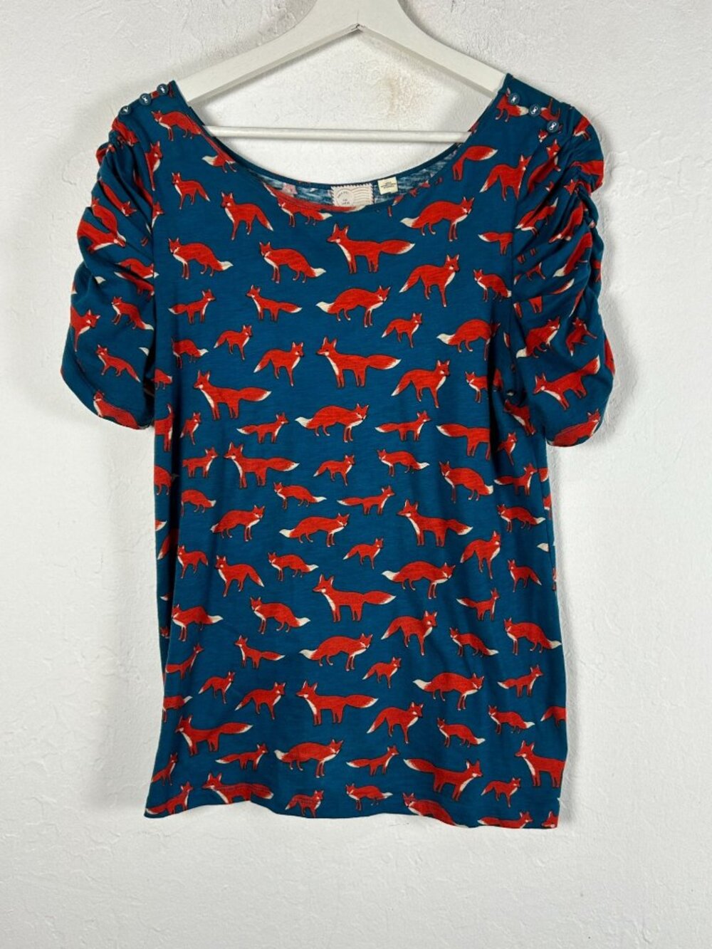 Anthropologie Postmark 9-H15 STCL Forest Fete Fox Print Blue Ruched Sleeve Top